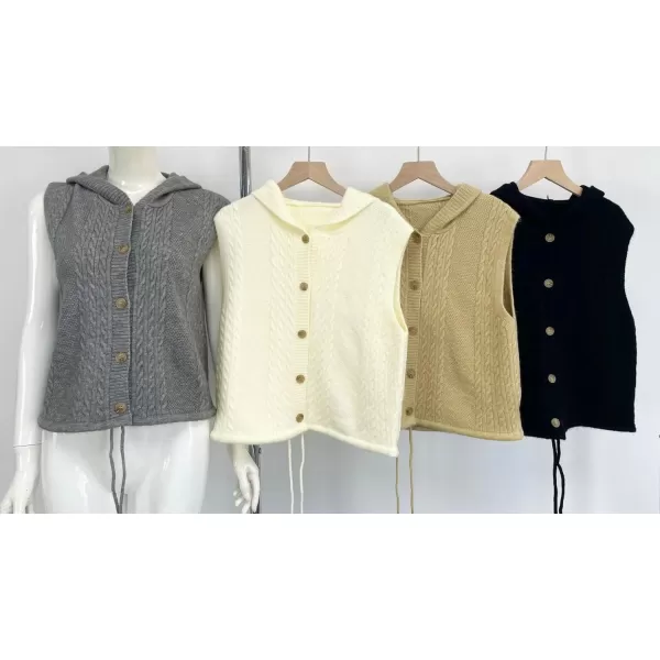 chouyatou Womens Hooded Cable Knit Sweater Vest Button Up Sleeveless Crop Vest Tank TopBeige