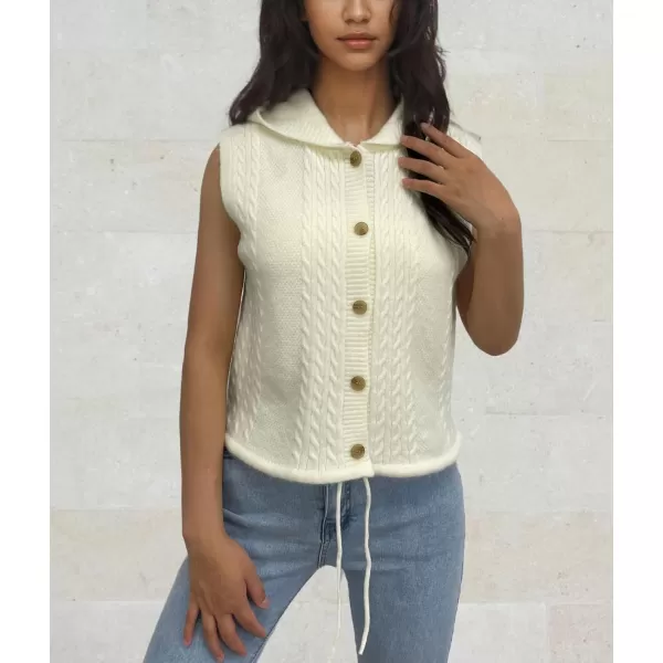 chouyatou Womens Hooded Cable Knit Sweater Vest Button Up Sleeveless Crop Vest Tank TopBeige