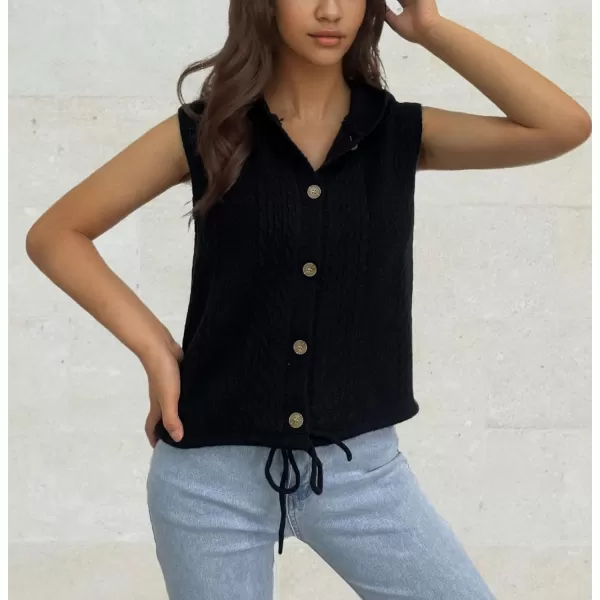 chouyatou Womens Hooded Cable Knit Sweater Vest Button Up Sleeveless Crop Vest Tank TopBlack