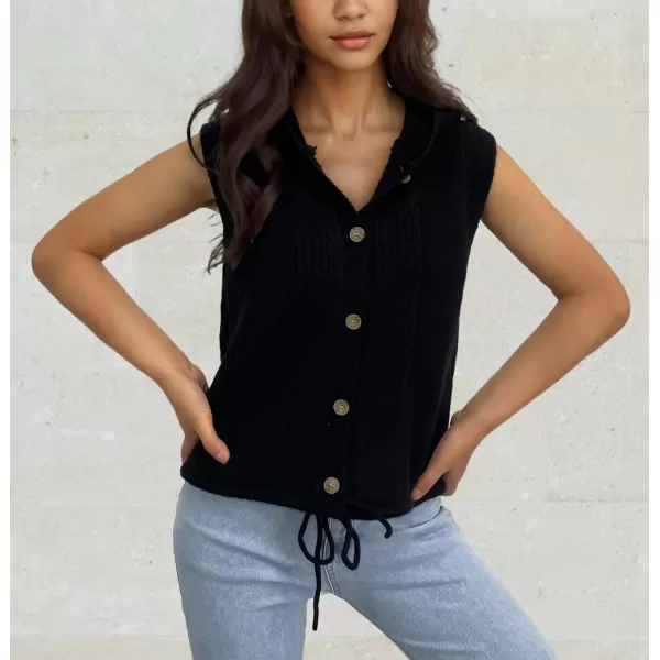 chouyatou Womens Hooded Cable Knit Sweater Vest Button Up Sleeveless Crop Vest Tank TopBlack
