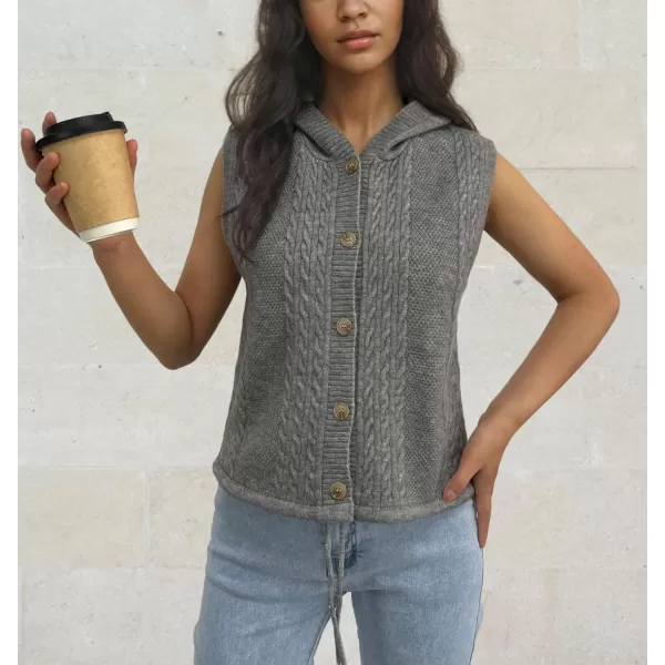 chouyatou Womens Hooded Cable Knit Sweater Vest Button Up Sleeveless Crop Vest Tank TopGray