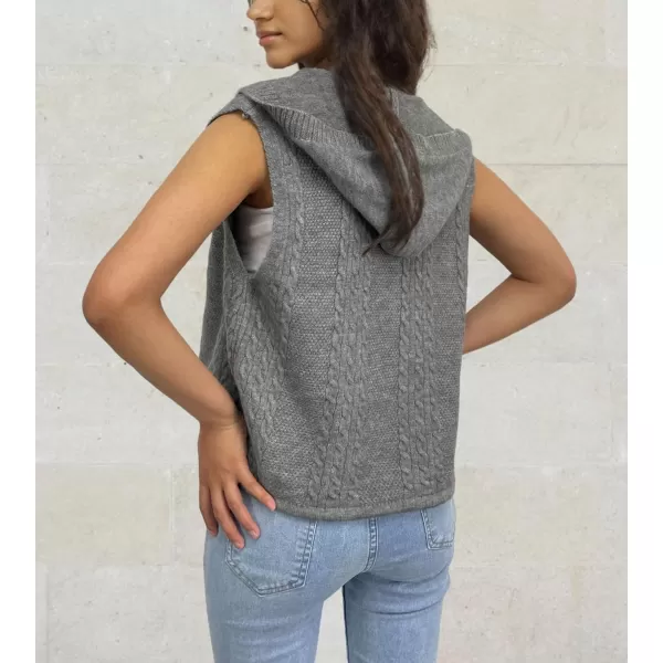 chouyatou Womens Hooded Cable Knit Sweater Vest Button Up Sleeveless Crop Vest Tank TopGray