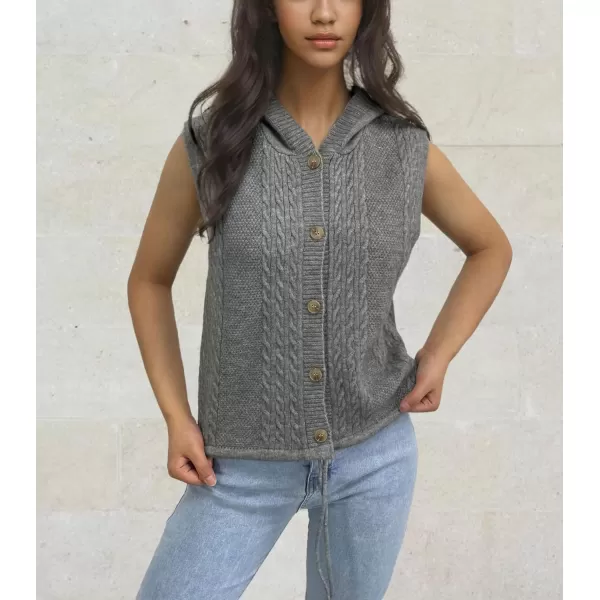 chouyatou Womens Hooded Cable Knit Sweater Vest Button Up Sleeveless Crop Vest Tank TopGray
