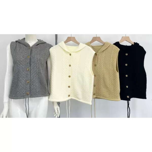 chouyatou Womens Hooded Cable Knit Sweater Vest Button Up Sleeveless Crop Vest Tank TopKhaki