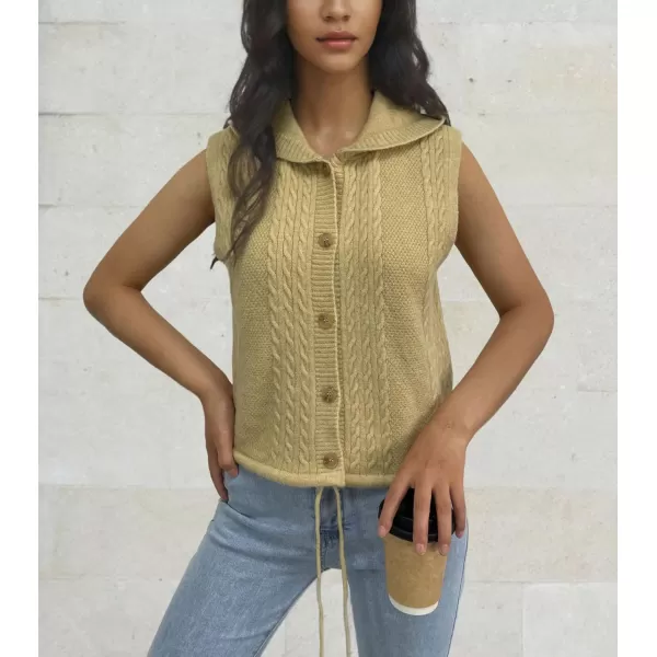 chouyatou Womens Hooded Cable Knit Sweater Vest Button Up Sleeveless Crop Vest Tank TopKhaki