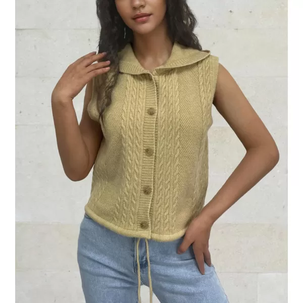 chouyatou Womens Hooded Cable Knit Sweater Vest Button Up Sleeveless Crop Vest Tank TopKhaki