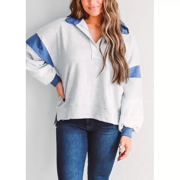 chouyatou Womens Oversized VNeck Polo Collared Sweatshirt Color Block Splicing Workout Pullover Tops Fall OutfitsGrey