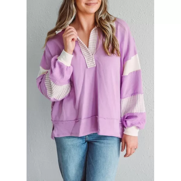 chouyatou Womens Oversized VNeck Polo Collared Sweatshirt Color Block Splicing Workout Pullover Tops Fall OutfitsPurple