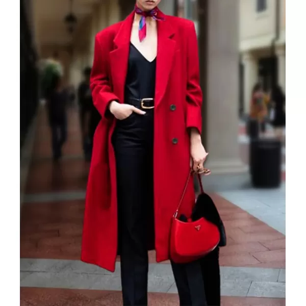 chouyatou Womens Winter Elegant Lapel Double Breasted Office Work Wool Blend Trench Pea Coat OvercoatRed