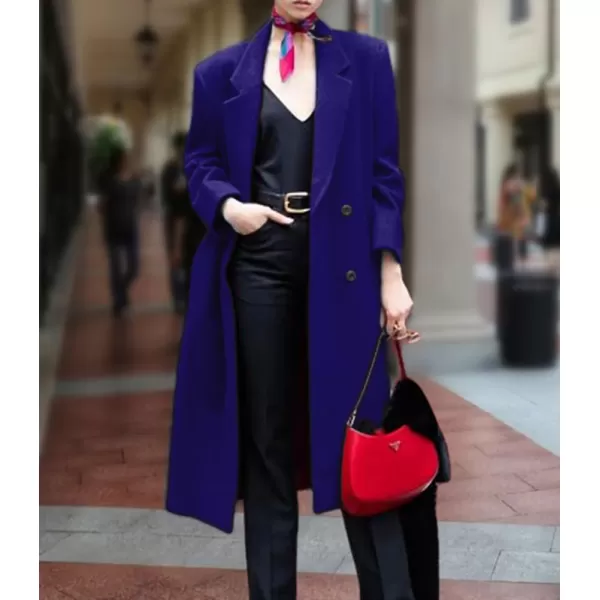 chouyatou Womens Winter Elegant Lapel Double Breasted Office Work Wool Blend Trench Pea Coat OvercoatRoyal Blue