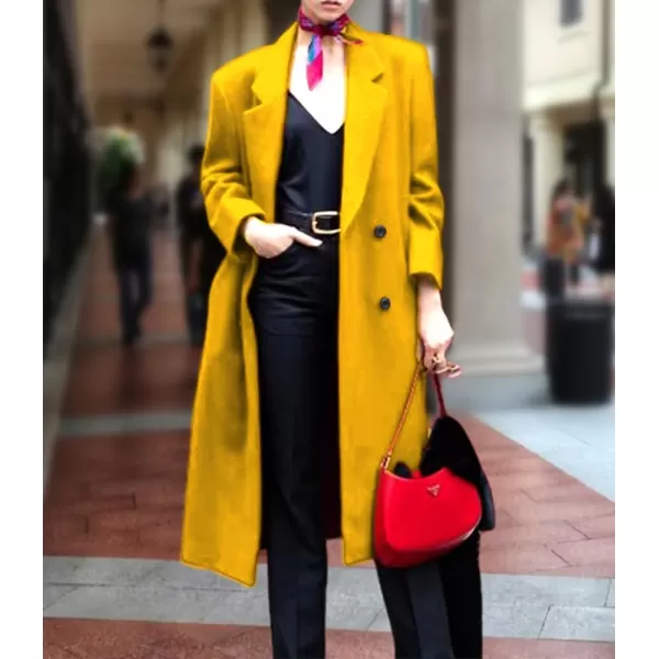 chouyatou Womens Winter Elegant Lapel Double Breasted Office Work Wool Blend Trench Pea Coat OvercoatYellow
