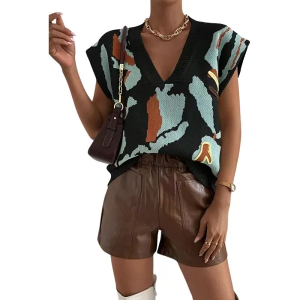 chouyatou Womens Color Block Floral Print Sleeveless Sweater Vest Vintage Contrast Trim Vest Tank TopsBlack