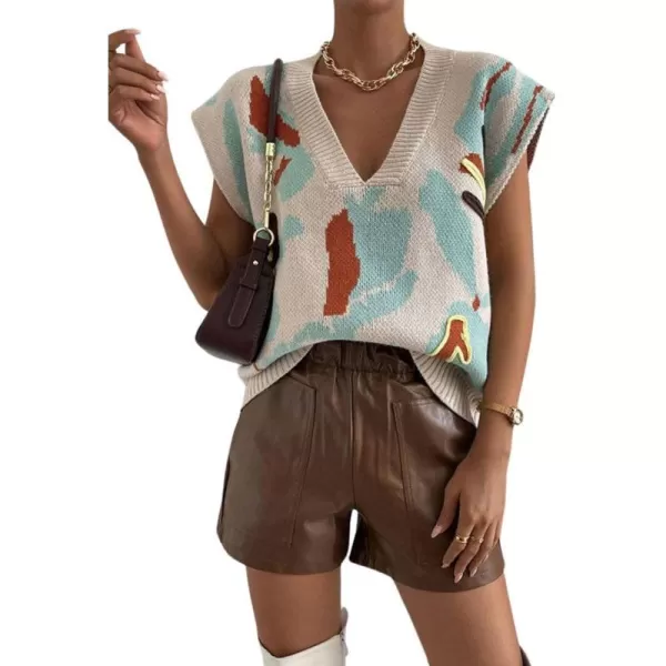 chouyatou Womens Color Block Floral Print Sleeveless Sweater Vest Vintage Contrast Trim Vest Tank TopsLight Blue