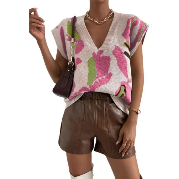 chouyatou Womens Color Block Floral Print Sleeveless Sweater Vest Vintage Contrast Trim Vest Tank TopsPink
