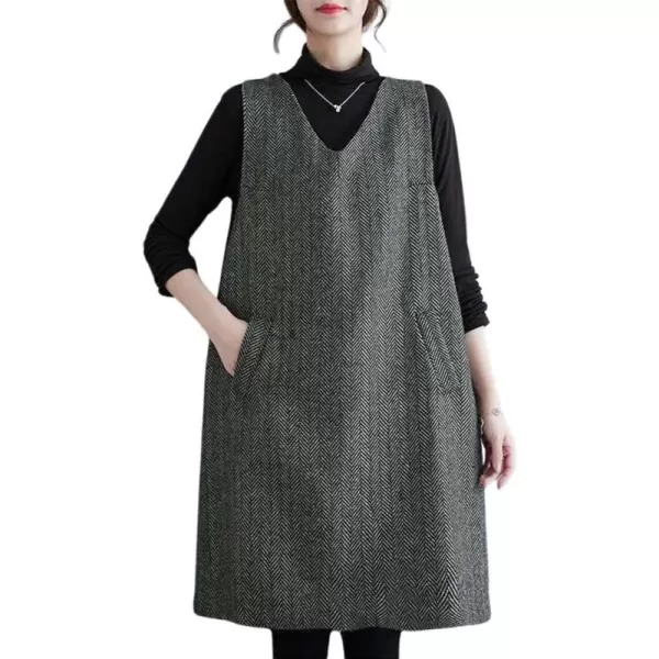 chouyatou Womens Herringbone Long Wool Vest Jacket Sleeveless V Neck Wool Blend Midi Vest Dress with PocketsBlack