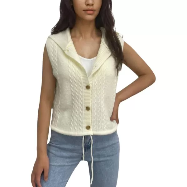 chouyatou Womens Hooded Cable Knit Sweater Vest Button Up Sleeveless Crop Vest Tank TopBeige