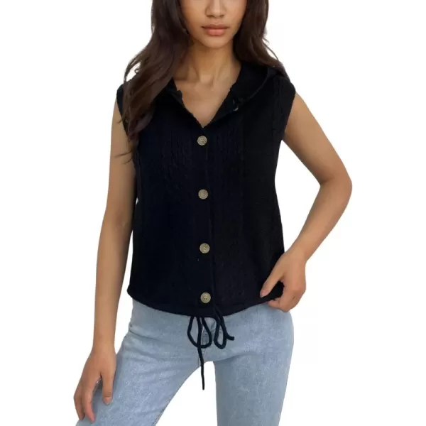 chouyatou Womens Hooded Cable Knit Sweater Vest Button Up Sleeveless Crop Vest Tank TopBlack