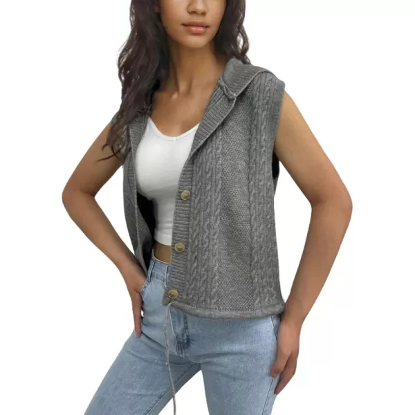 chouyatou Womens Hooded Cable Knit Sweater Vest Button Up Sleeveless Crop Vest Tank TopGray