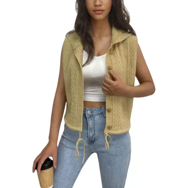 chouyatou Womens Hooded Cable Knit Sweater Vest Button Up Sleeveless Crop Vest Tank TopKhaki
