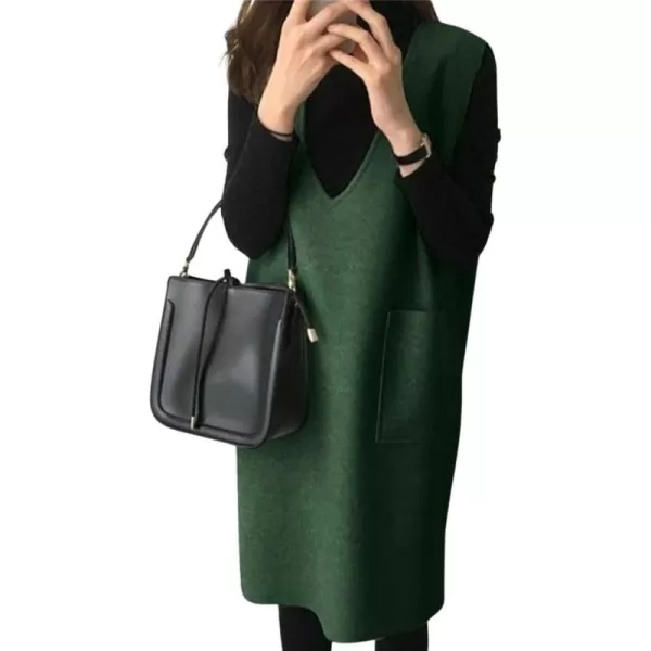 chouyatou Womens Long Wool Vest Sleeveless V Neck Wool Blend Midi Vest Dress with PocketsGreen