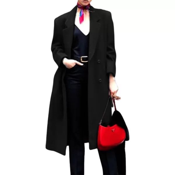 chouyatou Womens Winter Elegant Lapel Double Breasted Office Work Wool Blend Trench Pea Coat OvercoatBlack