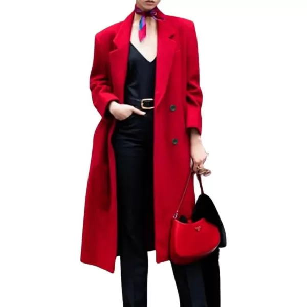 chouyatou Womens Winter Elegant Lapel Double Breasted Office Work Wool Blend Trench Pea Coat OvercoatRed