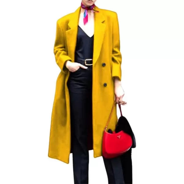 chouyatou Womens Winter Elegant Lapel Double Breasted Office Work Wool Blend Trench Pea Coat OvercoatYellow