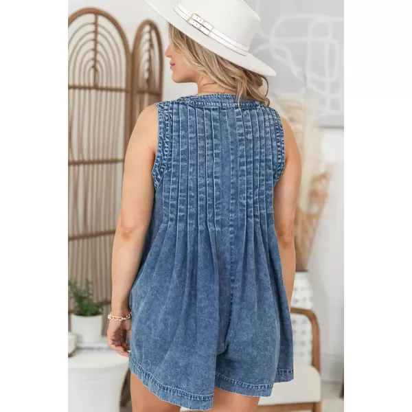 chouyatou Women Summer Casual V Neck Denim Romper Dress Sleeveless Jean Overall Short Jumpsuit with PocketDark Blue
