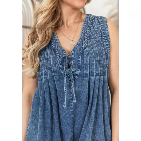 chouyatou Women Summer Casual V Neck Denim Romper Dress Sleeveless Jean Overall Short Jumpsuit with PocketDark Blue