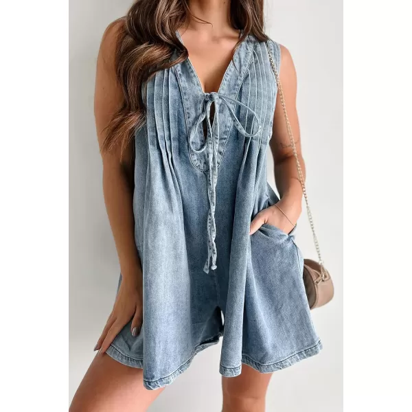 chouyatou Women Summer Casual V Neck Denim Romper Dress Sleeveless Jean Overall Short Jumpsuit with PocketLight Blue