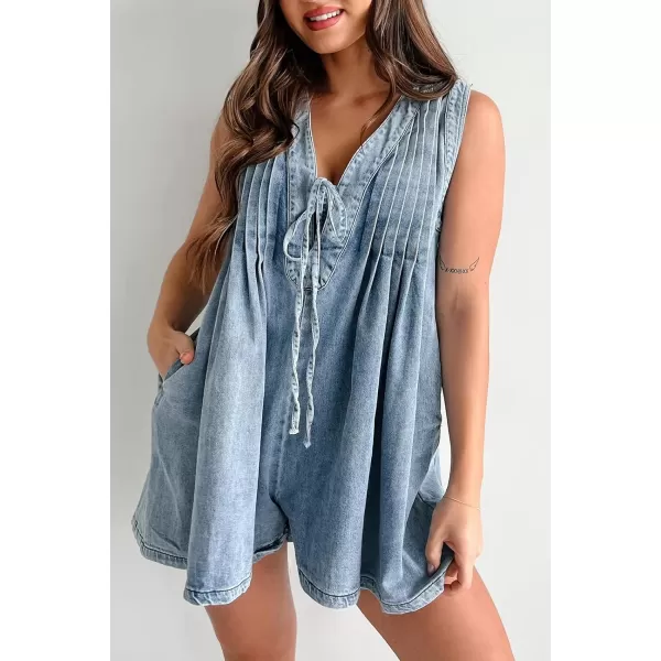 chouyatou Women Summer Casual V Neck Denim Romper Dress Sleeveless Jean Overall Short Jumpsuit with PocketLight Blue