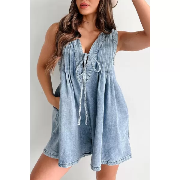 chouyatou Women Summer Casual V Neck Denim Romper Dress Sleeveless Jean Overall Short Jumpsuit with PocketLight Blue