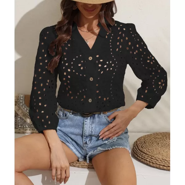 chouyatou Womens 2024 Eyelet Lace Embroidery Button Down Shirts Lantern Puff Sleeve Boho Crochet Blouse TopsBlack