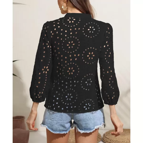 chouyatou Womens 2024 Eyelet Lace Embroidery Button Down Shirts Lantern Puff Sleeve Boho Crochet Blouse TopsBlack