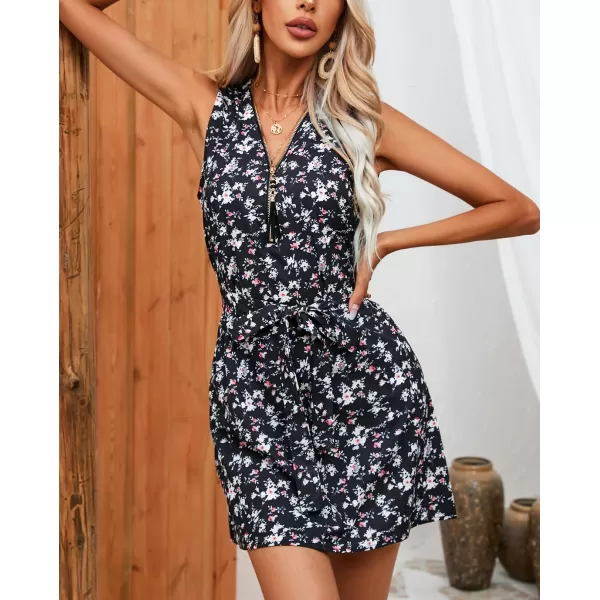 chouyatou Womens Boho Floral Belted Tank Mini Dress Zip Up V Neck Casual Work Beach Sun DressBlack Floral