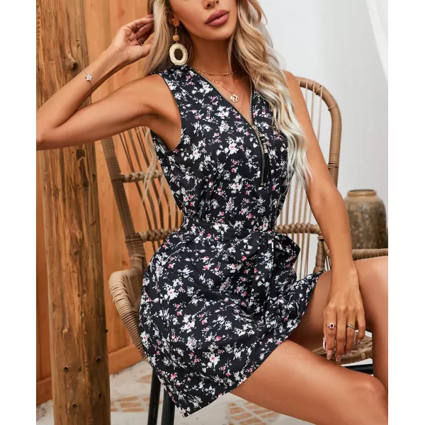 chouyatou Womens Boho Floral Belted Tank Mini Dress Zip Up V Neck Casual Work Beach Sun DressBlack Floral