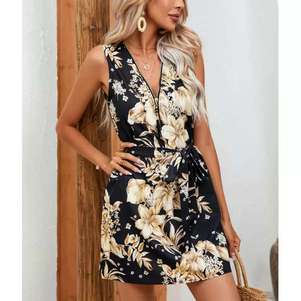 chouyatou Womens Boho Floral Belted Tank Mini Dress Zip Up V Neck Casual Work Beach Sun DressBlack Flower