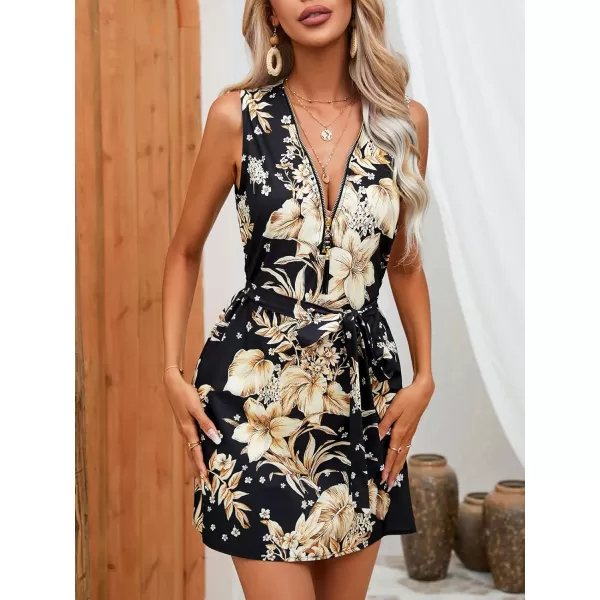 chouyatou Womens Boho Floral Belted Tank Mini Dress Zip Up V Neck Casual Work Beach Sun DressBlack Flower