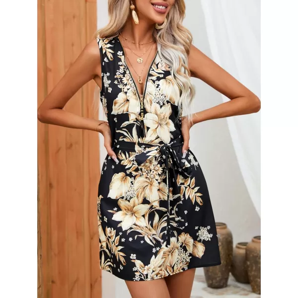 chouyatou Womens Boho Floral Belted Tank Mini Dress Zip Up V Neck Casual Work Beach Sun DressBlack Flower