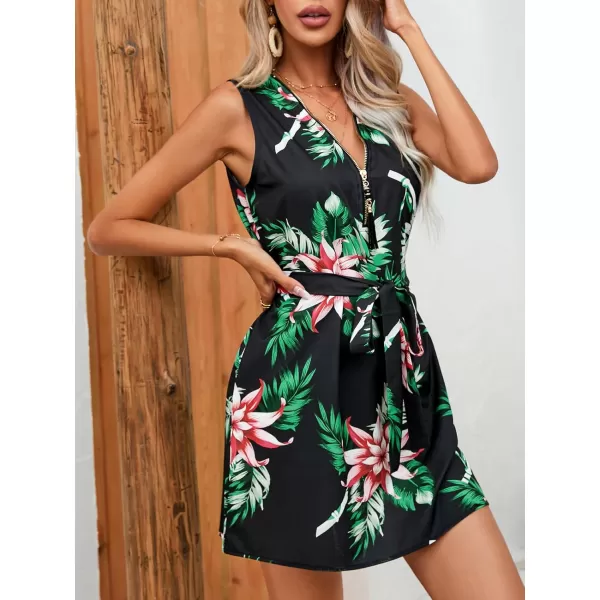 chouyatou Womens Boho Floral Belted Tank Mini Dress Zip Up V Neck Casual Work Beach Sun DressGreen
