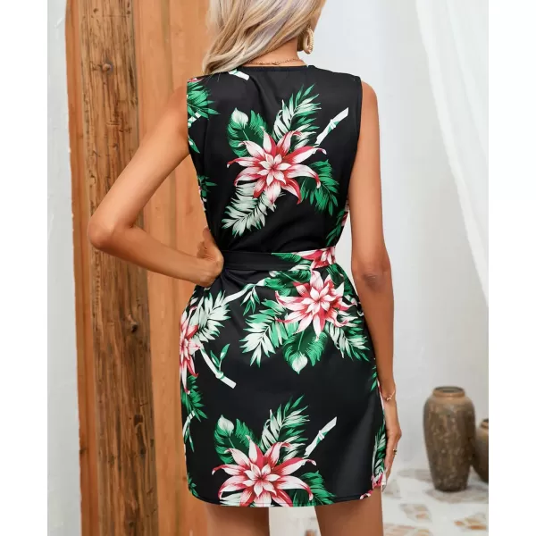 chouyatou Womens Boho Floral Belted Tank Mini Dress Zip Up V Neck Casual Work Beach Sun DressGreen