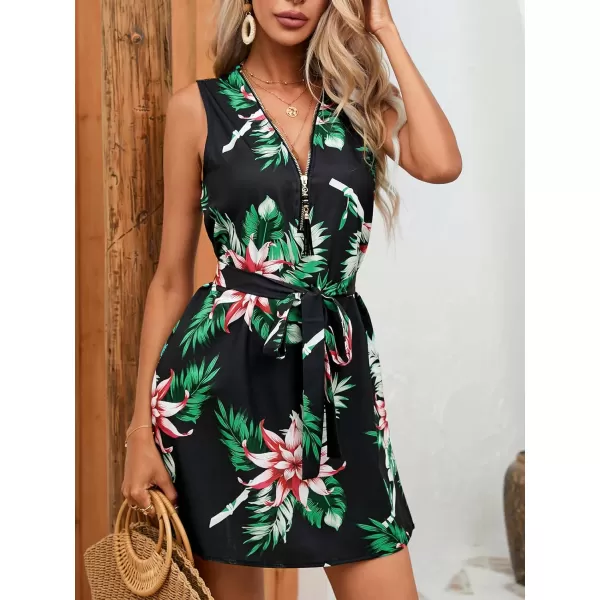 chouyatou Womens Boho Floral Belted Tank Mini Dress Zip Up V Neck Casual Work Beach Sun DressGreen