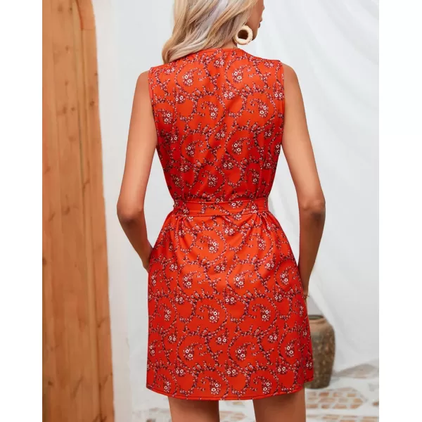 chouyatou Womens Boho Floral Belted Tank Mini Dress Zip Up V Neck Casual Work Beach Sun DressRed