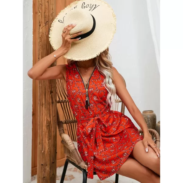 chouyatou Womens Boho Floral Belted Tank Mini Dress Zip Up V Neck Casual Work Beach Sun DressRed