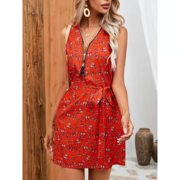chouyatou Womens Boho Floral Belted Tank Mini Dress Zip Up V Neck Casual Work Beach Sun DressRed
