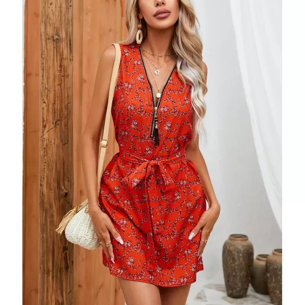 chouyatou Womens Boho Floral Belted Tank Mini Dress Zip Up V Neck Casual Work Beach Sun DressRed