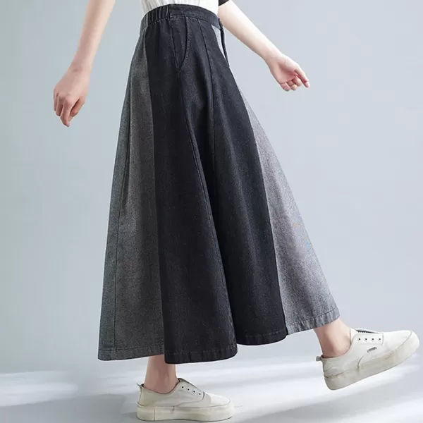 chouyatou Womens Color Block Denim Pleated Skirt High Elastic Waisted Jean Midi Long Skater Skirt with PocketsBlack