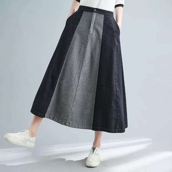 chouyatou Womens Color Block Denim Pleated Skirt High Elastic Waisted Jean Midi Long Skater Skirt with PocketsBlack