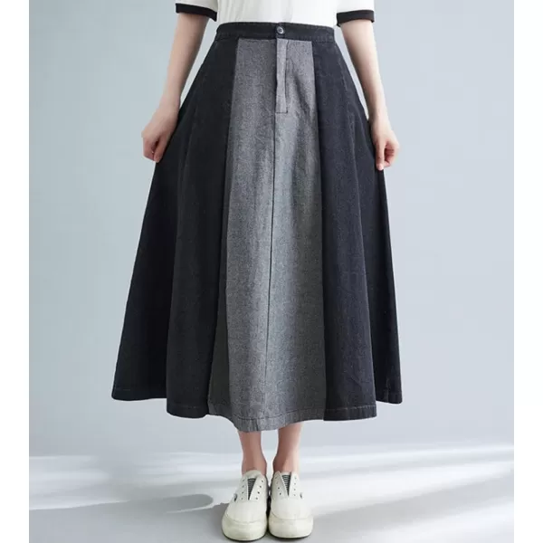 chouyatou Womens Color Block Denim Pleated Skirt High Elastic Waisted Jean Midi Long Skater Skirt with PocketsBlack