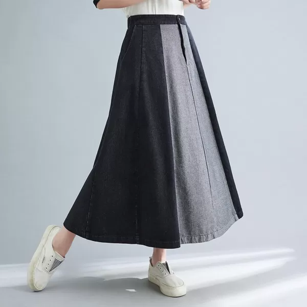 chouyatou Womens Color Block Denim Pleated Skirt High Elastic Waisted Jean Midi Long Skater Skirt with PocketsBlack